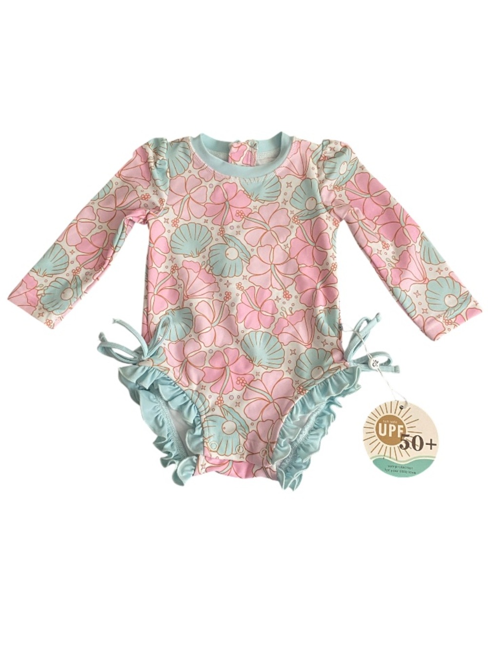 Caden Lane Girls 6-12M Pink & Mint Floral Ruffle One-Piece Long Sleeve Bodysuit